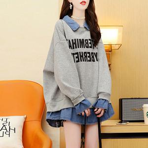 100kg까지 빅사이즈 날씬해보이는 디자인 맨투맨 여성 봄 가을 편한 카라 데님 프린트 레터링 오버핏 심플