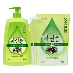 자연퐁 주방세제 솔잎 용기 980ml + 리필 1.18L 3개