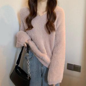 여성 가을 겨울 V넥 심플디자인 오버사이즈 데일리 캐주얼 스타일 니트