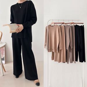 니트 와이드 팬츠 세트 상하 투피스 루즈핏 박시 봄 라운드넥 하객 셋업 여성의류
