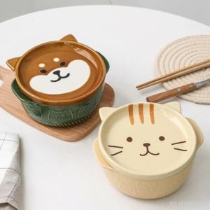 유미코 일식 뚜껑있는 라면그릇 귀여운 예쁜 시바견 고양이 도자기 손잡이 그릇 760ml 추천한다Y022