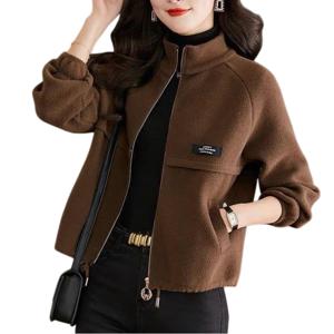 여성 하이웨이스트 두꺼운 스탠드 칼라 지퍼 로고 패치 장식 크롭 가디건