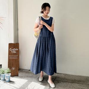 슈디 루즈핏 아사면 체크 민소매 롱 원피스 봄 여름 휴양지 임부복 66 77