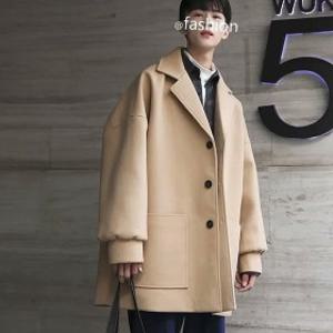 남성용 울 트렌치코트 블랙 캐주얼 패션 아우터 겨울 하이스트리트 루즈핏