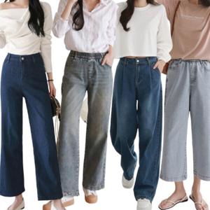 여성 봄 청바지 밴딩 와이드 데님 팬츠 부츠컷 빅사이즈 워싱 생지 통 바지 진청 기모