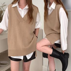 여성 니트 롱 조끼 브이넥 언발 베스트 빅사이즈 루즈핏 레이어드 봄