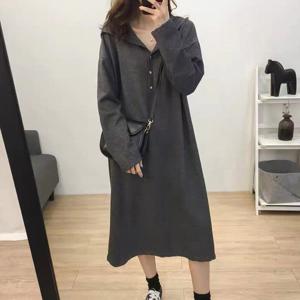 루즈핏 여성 롱원피스 봄 가을 긴팔 브이넥 폴리에스터 여자 후드원피스 FREE ODM-ONEPCE11