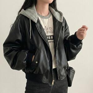 후드 레이어드 레더 블루종 자켓