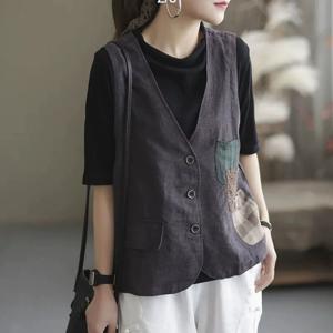 여성 빈티지 마조끼 여름용 루즈핏 배색 패치 린넨 베스트 아우터