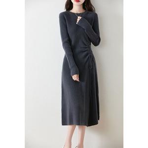 여자 베이직 라운드넥 니트 원피스 롱 원피스 끈 조절 데일리 니트 원피스