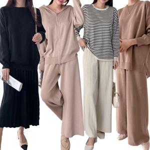 여성 니트 상하 세트 와이드 팬츠 스커트 플리츠 통 바지 밴딩 치마 봄 브이넥 라운드 후드 가디건 셋업