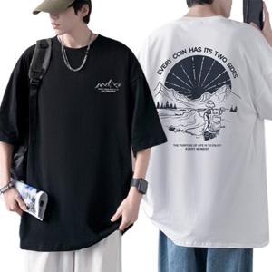 남자 오버핏 프린팅 순면 반팔 티셔츠 마운틴 코튼 라운드 반팔티 빅사이즈 남성 여성 레터링 면티