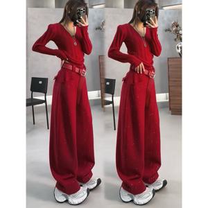 겨울 고급감 레드 레깅스 한 벌에 두꺼워 날씬해 보이는 엘보우 캐주얼 바지 세트