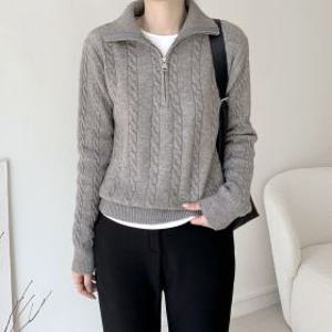 우아모르 / 케이블니트 여성반집업니트 꽈배기터틀넥