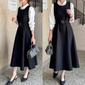 베를린 뷔스티에 플레어 벨트 세트 하객룩 원피스 지퍼 레이어드 봄 가을 사계절