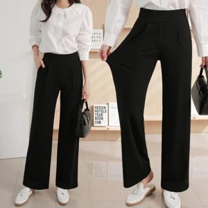 여성 세미 와이드 슬랙스 팬츠 밴딩 빅사이즈 스판 통 바지 정장 핀턱 하이웨스트