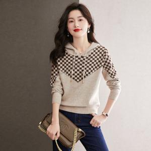 여자 봄 가을 니트 후드티 루즈핏 체크 니트 스웨터