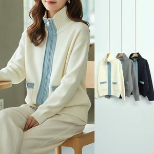 여성 니트 집업 가디건 데님 배색 카라 루즈핏 봄 점퍼 자켓