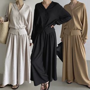 여성의류 가디건 세트 밴딩 와이드 팬츠 상하 트레이닝 셋업 통 바지 플리츠 봄 오버핏