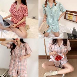 [이경희] 여성 여름 잠옷 반팔 체크 홈웨어 파자마