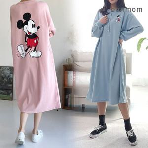 [보리맘]버튼 믹키 긴팔 수유 원피스 단추 수유복 임부복 ID144