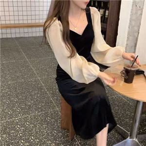여성 배색 벨벳 시스루소매 데일리 롱원피스
