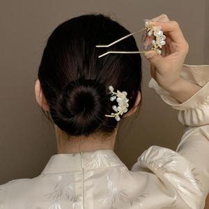 [에스이엔몰] 올림머리 진주 뒤꽂이 자개 꽃 비녀
