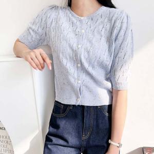 여성가을가디건 퍼프소매 반팔 펀칭 니트 슬림핏 크롭기장