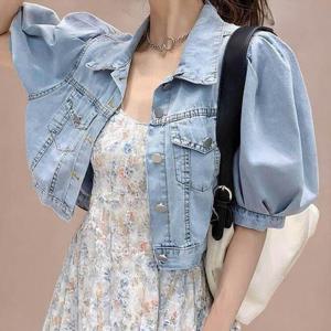 [써니 패션] 여성 여름 퍼프 크롭 반팔 청 데님 자켓