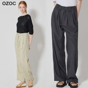 오조크 레이온 혼방 투턱 벨티드 와이드팬츠