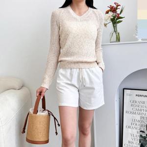 [옷자락]여자 베이직 썸머 브이넥 팝콘 긴팔 여름 니트