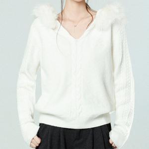 [패션시그널] 유니크 퍼후드 브이넥 꽈배기 니트 E280D7