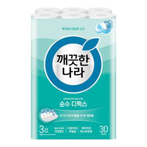 깨끗한나라 순수 디럭스 천연펄프 3겹 화장지 30m 30롤