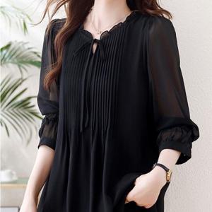 [패션시그널] 러플리본넥 머신링클 롱블라우스 1F864B