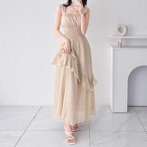 [다잇템]여자 프릴 사선 시폰 스모킹 슬리브리스 원피스