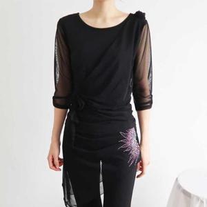 [까르죠아]두송이 꽃 댄스 블라우스 스포츠 댄스복 상의 티셔츠 칠부 여성 라인 줌바 차밍 밸리 라틴 모던