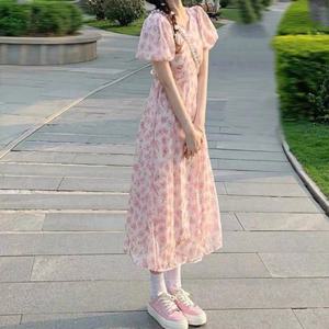 에퀴르 여성 여름 퍼프소매 벌룬 플라워 쉬폰 반팔 롱원피스