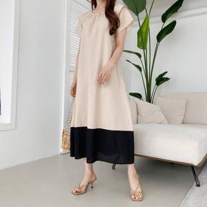 네쥬 여성 여름 린넨 러플 배색 편한 반팔 롱 원피스