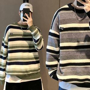 남자코디 남성 겨울 패션 줄무늬 라운느넥 니트 긴팔 티셔츠