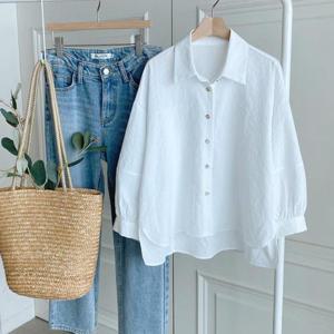 |CDH3BDD|흰블라우스 소매셔링 벌룬 아방핏 무지남방 여성봄코디