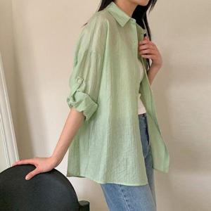 [삐까삐까]여성 시어서커 루즈핏 롤업 셔츠 여름 긴팔 롱남방 자외선차단 데일리룩