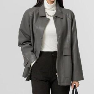 [옷자락]여성 봄자켓 유니크 탄탄가죽 더블포켓 가죽 점퍼