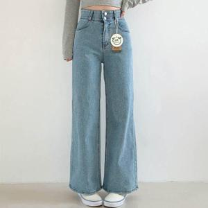 [문에이블]문에이블 여자 여성 봄 가을 투버튼 와이드핏 넓은밴딩 진청 연청 데님팬츠 청바지