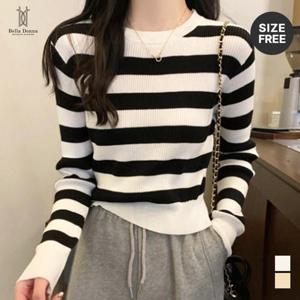 벨라도나 여성 간절기 스트라이프 단가라 골지 니트티셔츠 가을티 라운드넥