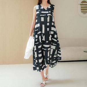 여름 브이넥 패턴 A라인 빅사이즈 맥시 롱 원피스 바캉스 휴가 모임 미시 캐주얼