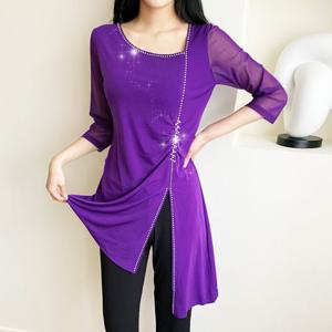 까르죠아 절개 롱 블라우스 미시 여성 봄 가을 7부 티셔츠 스포츠 사교 댄스복