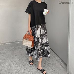 [퀸이즈] [FREE~77반 까지] 렌드 블랙 나염 반팔 원피스