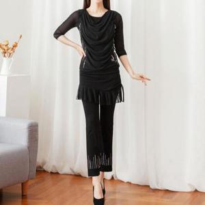 [까르죠아]쉬폰 밑단 스커트 빛줄기 보석 랩 바지 스포츠 댄스복 여성 라인 빅사이즈 50대 60대