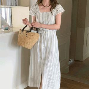 [르뚜앙]서랍 여름 휴양지원피스 스트라이프 린넨 롱원피스 데일리룩 바캉스룩 스퀘어넥 반팔 셔링 스트..