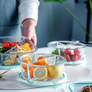 유리 반찬통 2칸 나눔 밀폐 요리 용기 유리 칸막이 밀폐용기 칸막이반찬통 플레이트 소분 원형 K765